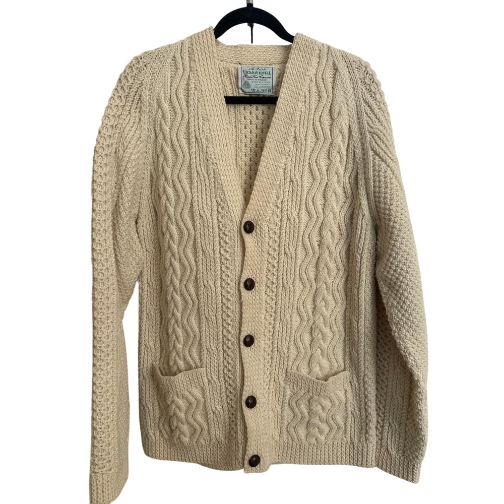 Vtg Irish Traditional Hand Knit Aran Wool Cardigan Sweater Cream Men's L